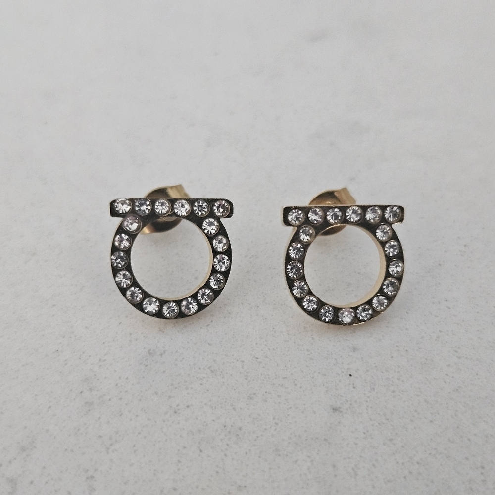 NEW Gancini-Style Gold-Tone Stainless Steel Crystalled Stud Earrings - Picture 4 of 6